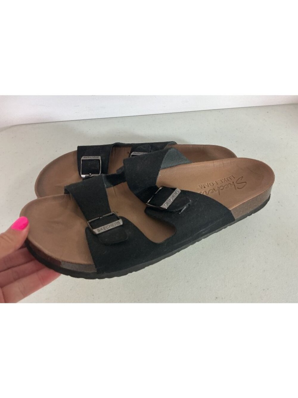 Skechers Luxe Foam Black Slides Sandals Double Buckle Womens 10